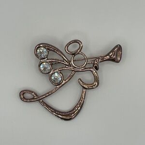 Christmas Angel Brooch Pin Angel Sounding Trumpet Silver Tone Rhinestones